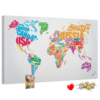 Nástenka Farebná mapa sveta s názvami krajín
