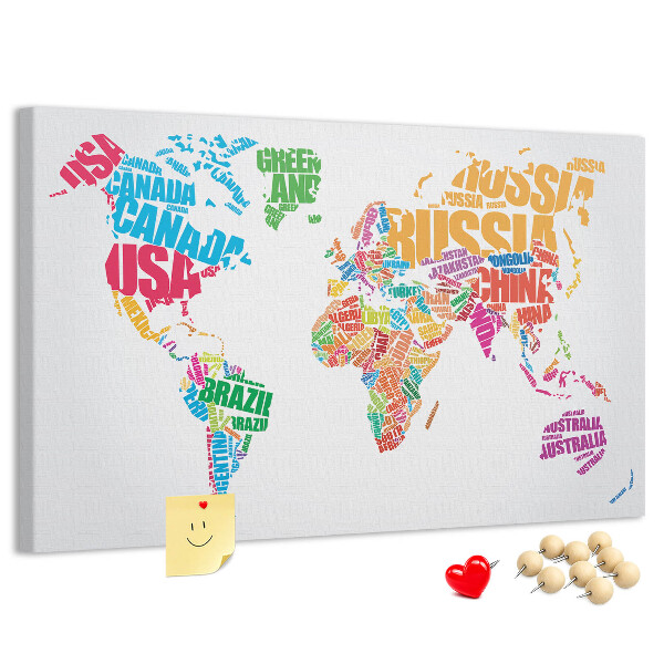 Nástenka Farebná mapa sveta s názvami krajín