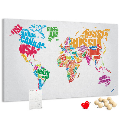 Nástenka Farebná mapa sveta s názvami krajín
