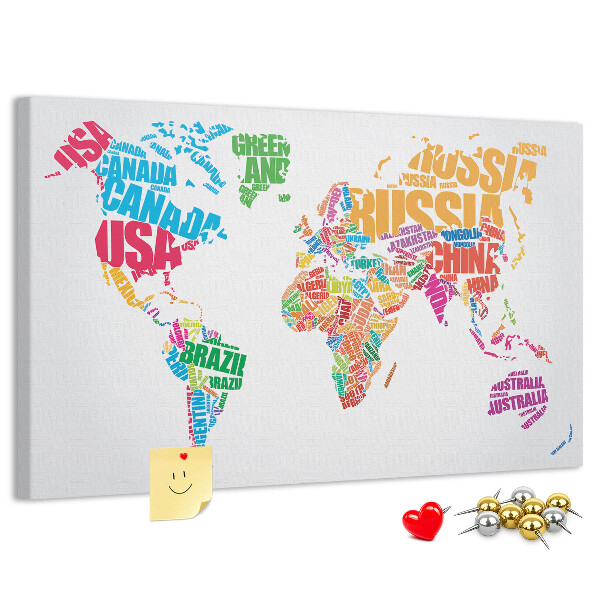 Nástenka Farebná mapa sveta s názvami krajín