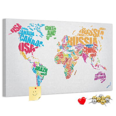 Nástenka Farebná mapa sveta s názvami krajín