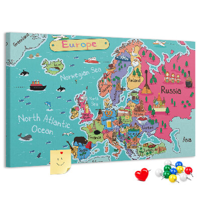 Korková nástenka na stenu Farebná mapa Európy s názvami krajín