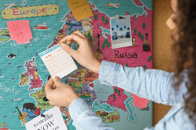 Korková nástenka na stenu Farebná mapa Európy s názvami krajín
