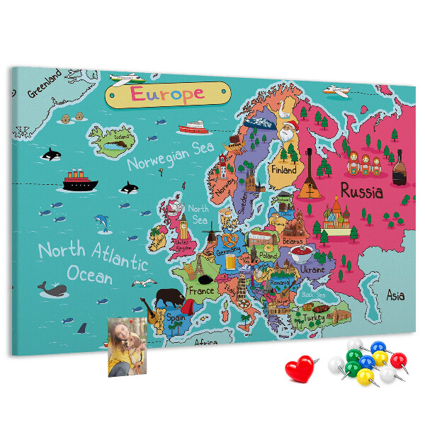 Korková nástenka na stenu Farebná mapa Európy s názvami krajín
