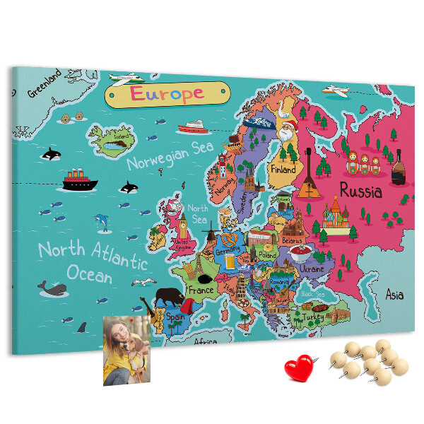 Korková nástenka na stenu Farebná mapa Európy s názvami krajín