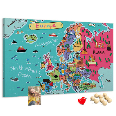 Korková nástenka na stenu Farebná mapa Európy s názvami krajín
