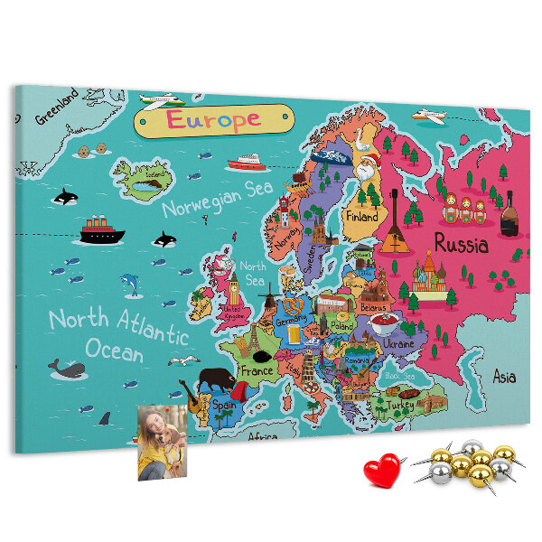 Korková nástenka na stenu Farebná mapa Európy s názvami krajín