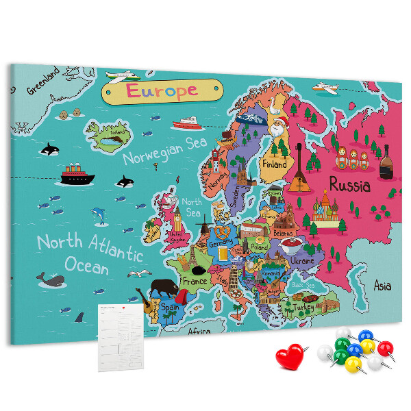 Korková nástenka na stenu Farebná mapa Európy s názvami krajín