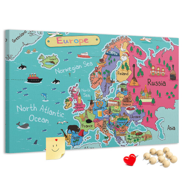 Korková nástenka na stenu Farebná mapa Európy s názvami krajín