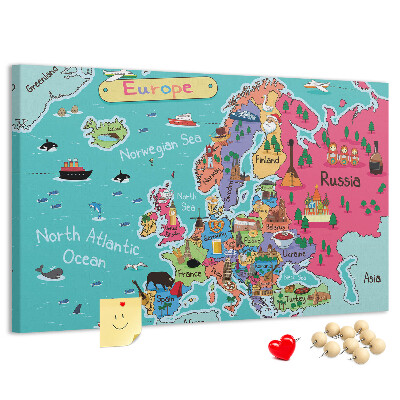 Korková nástenka na stenu Farebná mapa Európy s názvami krajín