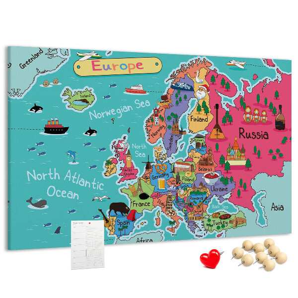 Korková nástenka na stenu Farebná mapa Európy s názvami krajín