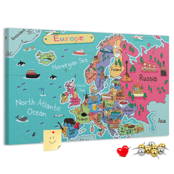 Korková nástenka na stenu Farebná mapa Európy s názvami krajín