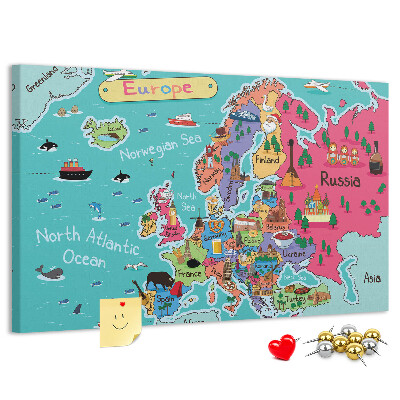 Korková nástenka na stenu Farebná mapa Európy s názvami krajín