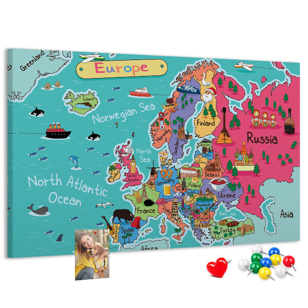 Korková nástenka na stenu Farebná mapa Európy s názvami krajín