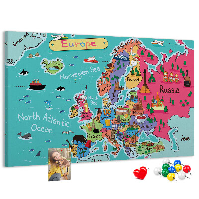 Korková nástenka na stenu Farebná mapa Európy s názvami krajín