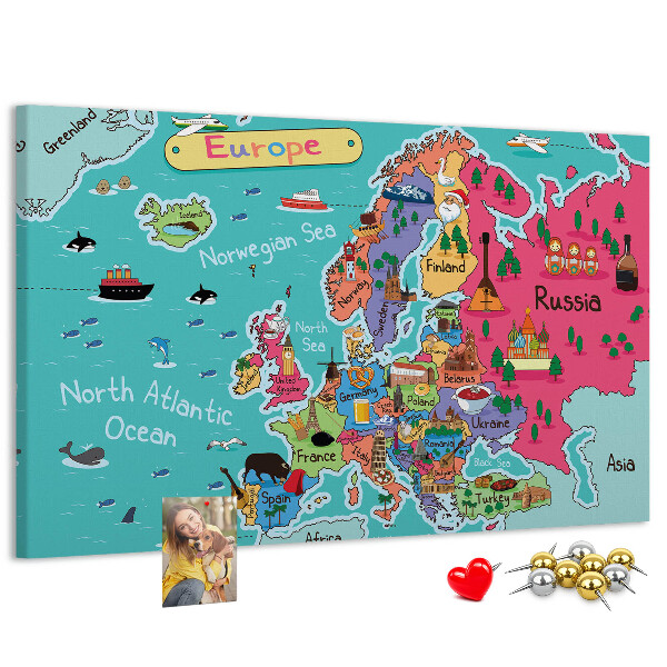 Korková nástenka na stenu Farebná mapa Európy s názvami krajín