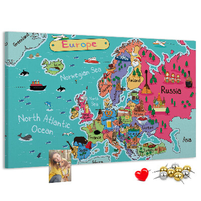 Korková nástenka na stenu Farebná mapa Európy s názvami krajín