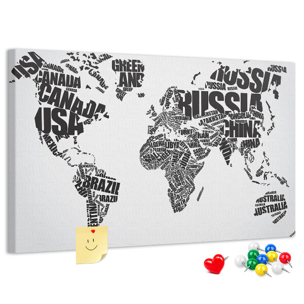 Korková tabuľa Mapa sveta s názvami krajín slovami