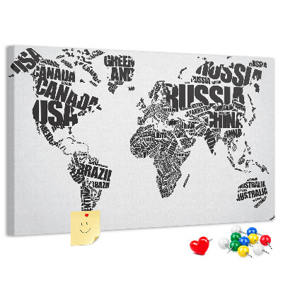 Korková tabuľa Mapa sveta s názvami krajín slovami