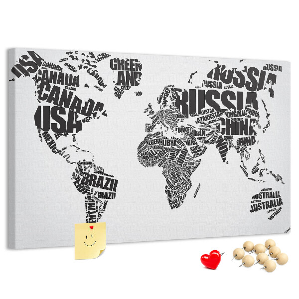 Korková tabuľa Mapa sveta s názvami krajín slovami