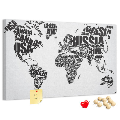 Korková tabuľa Mapa sveta s názvami krajín slovami