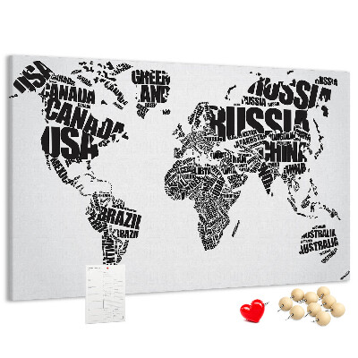 Korková tabuľa Mapa sveta s názvami krajín slovami