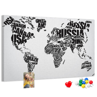 Korková tabuľa Mapa sveta s názvami krajín slovami