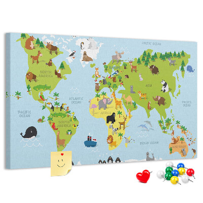 Nástenka Mapa sveta so zvieratami a kontinentmi
