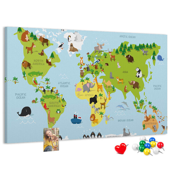 Nástenka Mapa sveta so zvieratami a kontinentmi