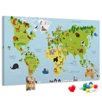 Nástenka Mapa sveta so zvieratami a kontinentmi