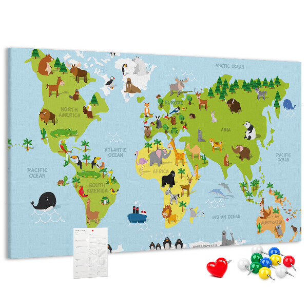 Nástenka Mapa sveta so zvieratami a kontinentmi