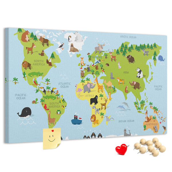 Nástenka Mapa sveta so zvieratami a kontinentmi