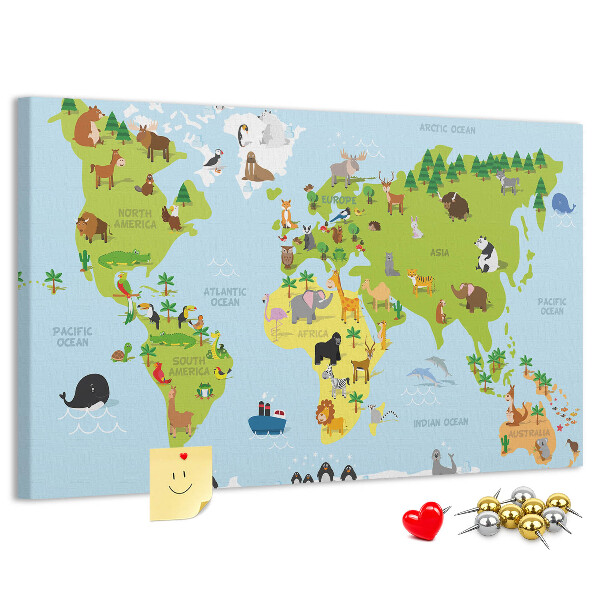 Nástenka Mapa sveta so zvieratami a kontinentmi