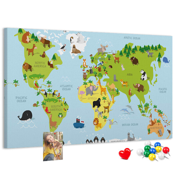 Nástenka Mapa sveta so zvieratami a kontinentmi