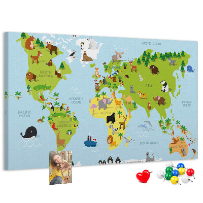Nástenka Mapa sveta so zvieratami a kontinentmi