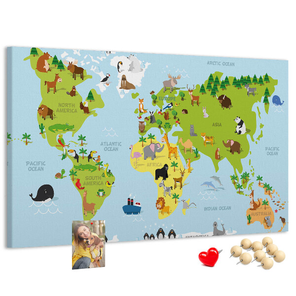 Nástenka Mapa sveta so zvieratami a kontinentmi