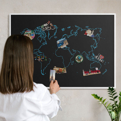 Tabuľa na magnetky z ciest biela rama Mapa sveta