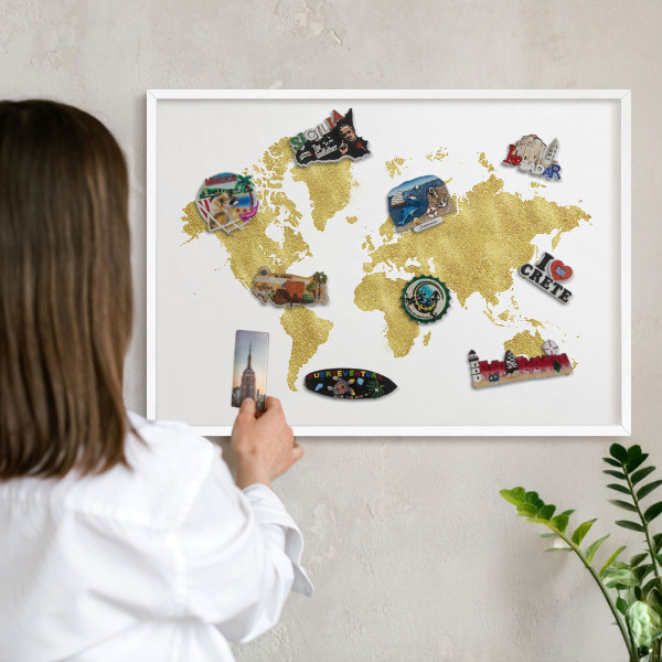 Tabuľa na magnetky z ciest biela rama Mapa sveta