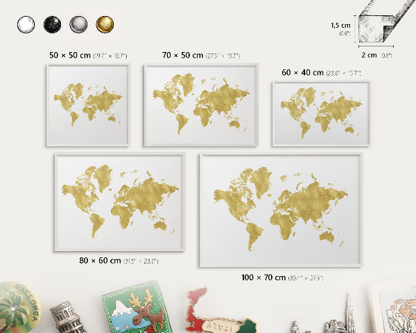 Tabuľa na magnetky z ciest biela rama Mapa sveta