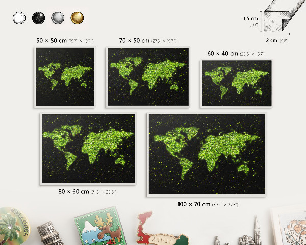 Kovová tabuľa na magnetky na stenu v bielej rame Zelená mapa