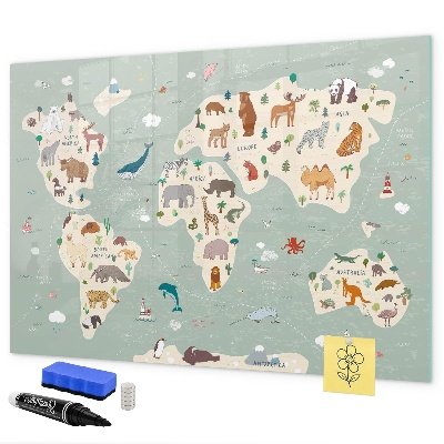 Magnetická popisovateľná tabuľa Mapa sveta s ilustráciami zvierat