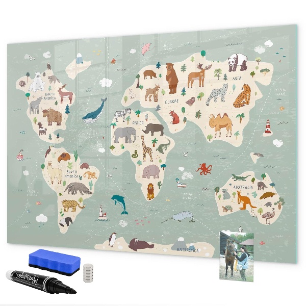 Magnetická popisovateľná tabuľa Mapa sveta s ilustráciami zvierat