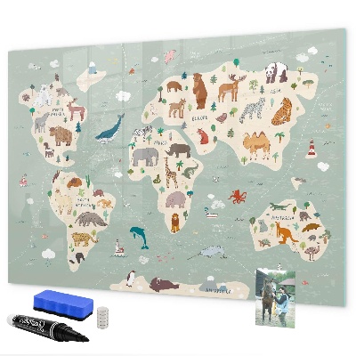 Magnetická popisovateľná tabuľa Mapa sveta s ilustráciami zvierat
