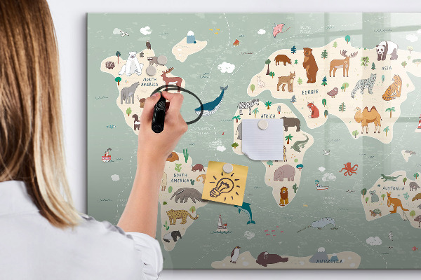 Magnetická popisovateľná tabuľa Mapa sveta s ilustráciami zvierat