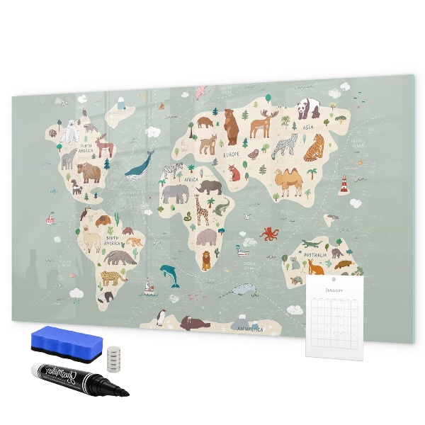 Magnetická popisovateľná tabuľa Mapa sveta s ilustráciami zvierat