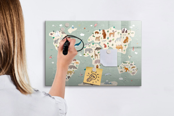 Magnetická popisovateľná tabuľa Mapa sveta s ilustráciami zvierat