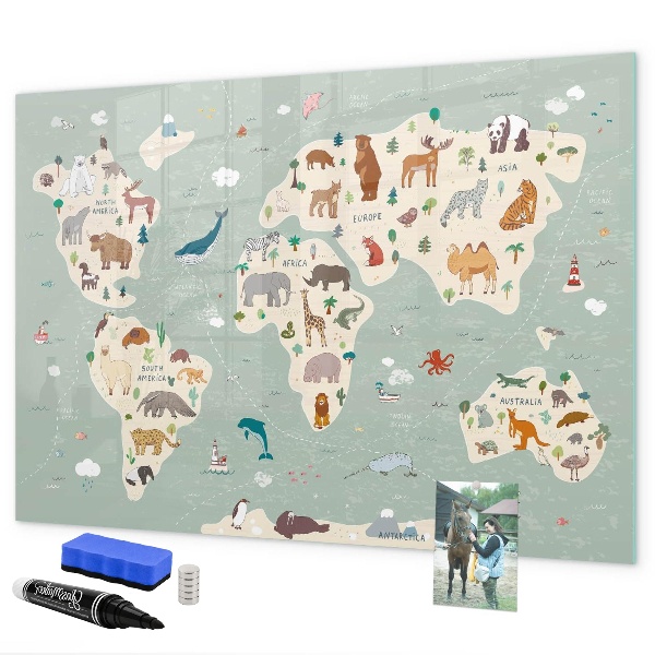 Magnetická popisovateľná tabuľa Mapa sveta s ilustráciami zvierat