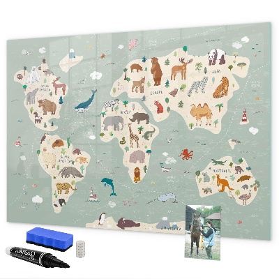 Magnetická popisovateľná tabuľa Mapa sveta s ilustráciami zvierat