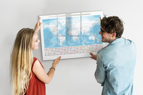 Magnetická popisovateľná tabuľa Mapa sveta s miestami na označenie