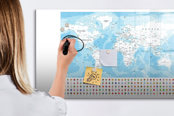Magnetická popisovateľná tabuľa Mapa sveta s miestami na označenie